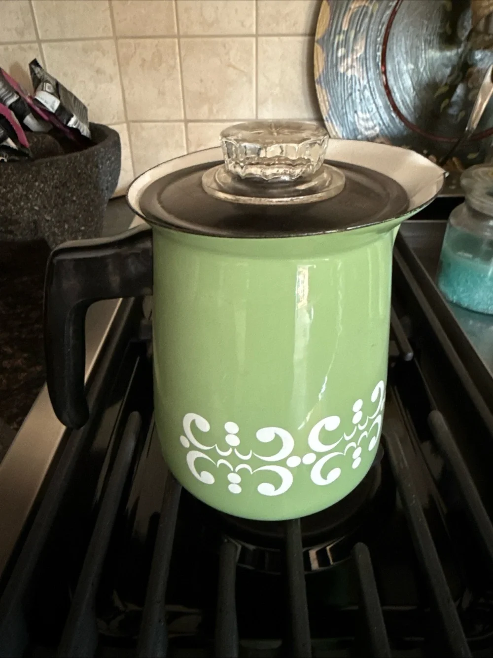 Vintage Green Decorative Enamel coffee pot with Glass Lid